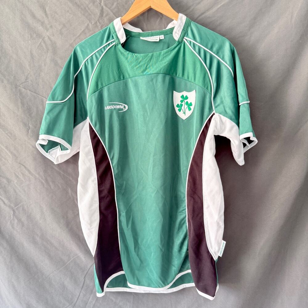 Lansdowne Ireland Rugby Jersey Shirt Mens Medium Green Shamrock Embroidered Vtg